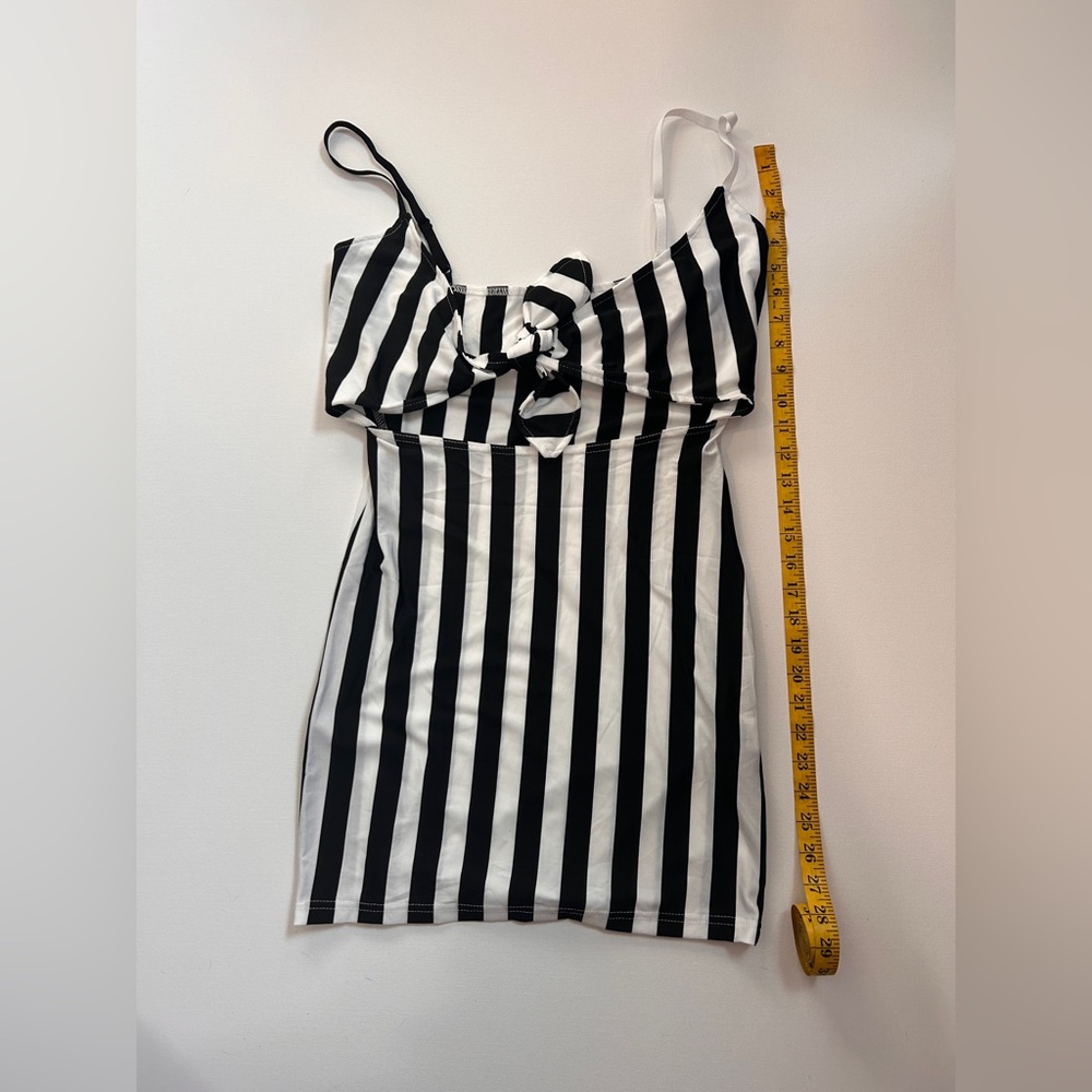 black and white stripe tie front mini dress